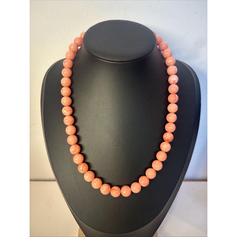 Vintage Salmon Pink Marbled Lucite Bead Necklace 18" Mid Century MCM